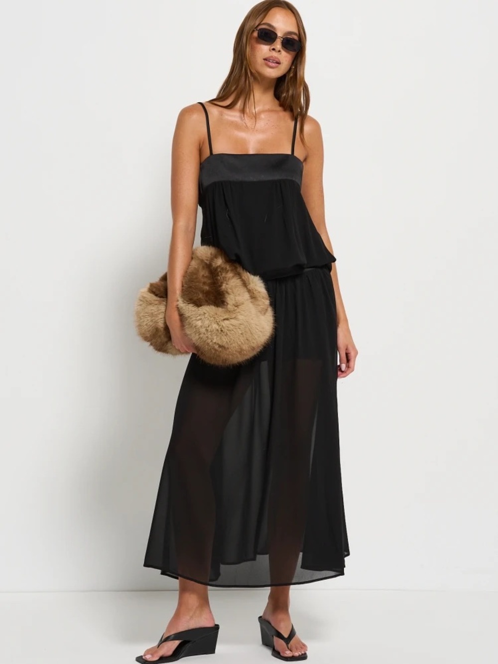 Lioness Black Sheer Spaghetti-Strap Maxi Dress, Size XS.